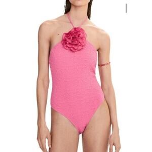 MNG Size Medium Swimwear Collection Halter One Piece Swimwear Pink Flower Trim